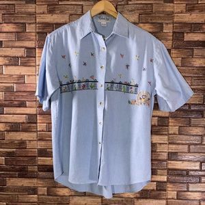 Vintage 80’s Womens Radical Rags Embroidered Button Up Light Blue Shirt Large
